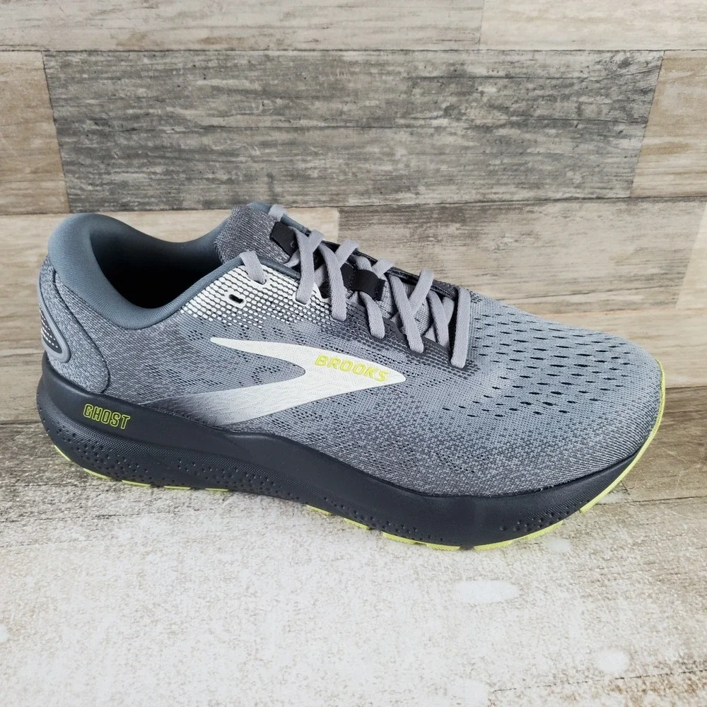 Brooks Ghost 16 Mens Running Shoes Sz 9.5 4E Primer Gray Lime Lace Up Sneakers